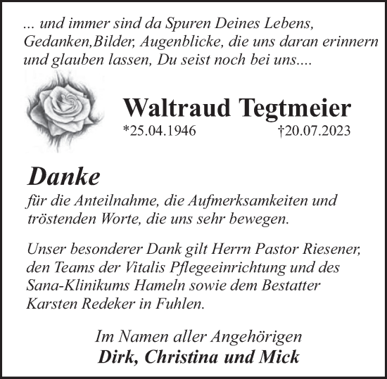 Traueranzeige von Waltraud Tegtmeier von Deister- und Weserzeitung