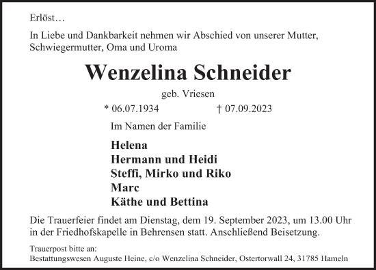 Traueranzeige von Wenzelina Schneider von Deister- und Weserzeitung