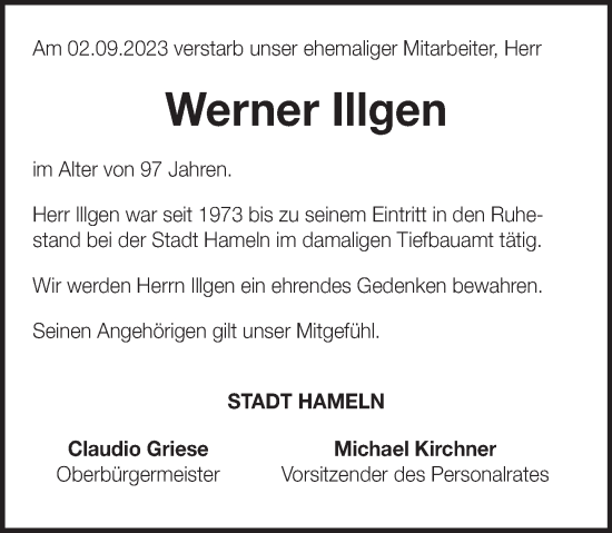 Traueranzeige von Werner Illgen von Deister- und Weserzeitung