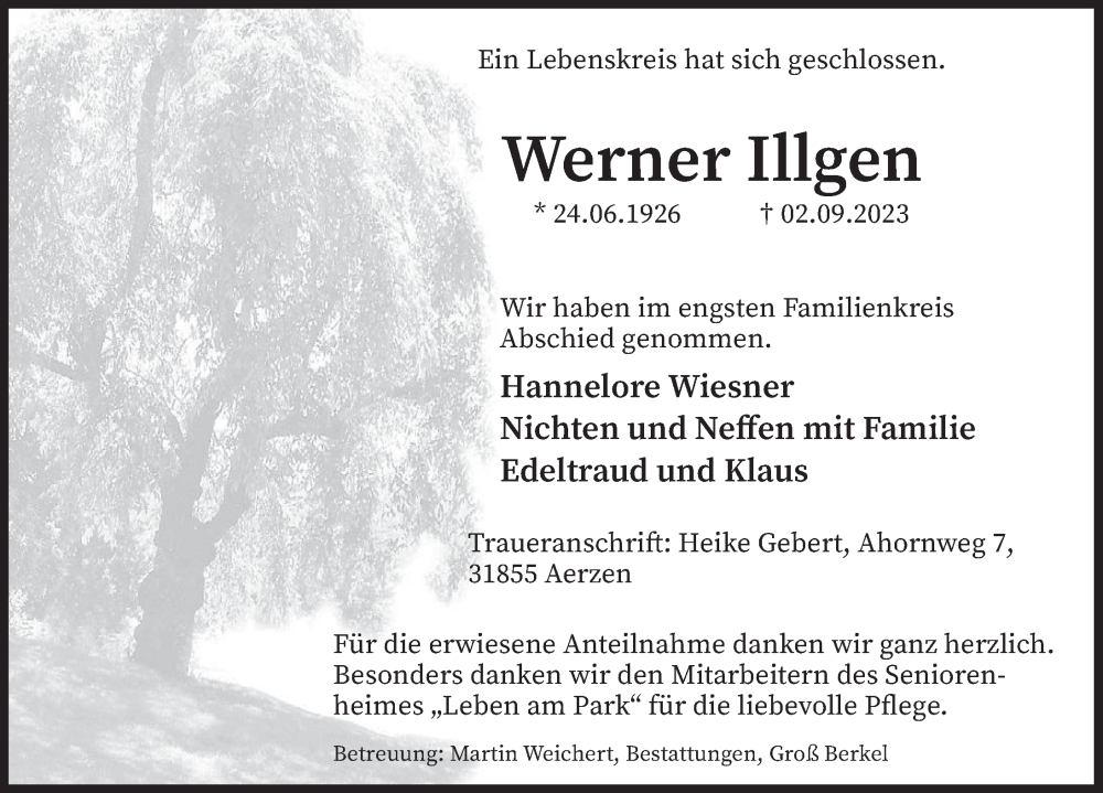 Traueranzeige für Werner Illgen vom 23.09.2023 aus Deister- und Weserzeitung