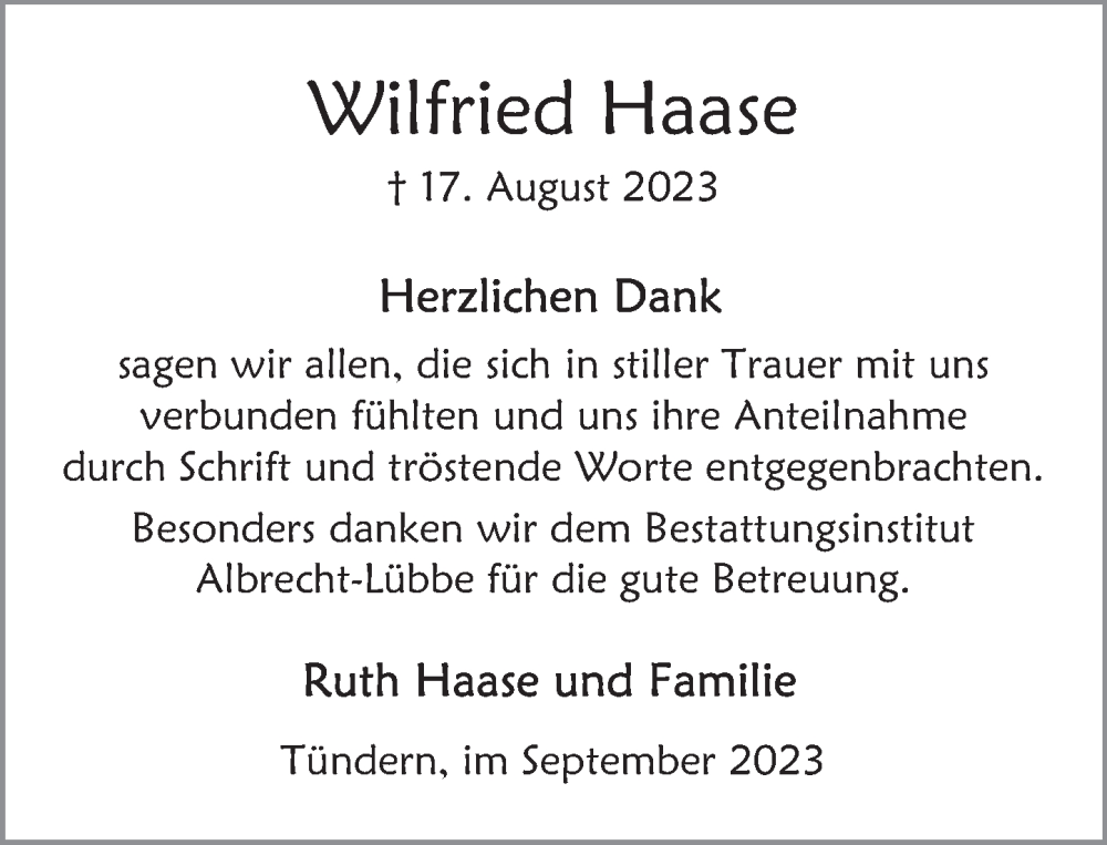  Traueranzeige für Wilfried Haase vom 23.09.2023 aus Deister- und Weserzeitung