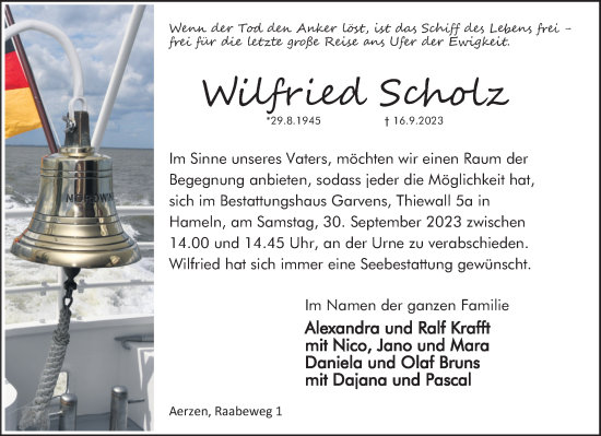 Traueranzeige von Wilfried Scholz von Deister- und Weserzeitung
