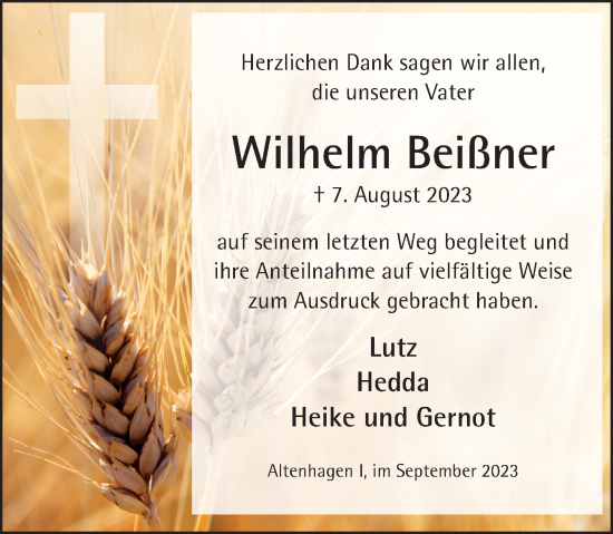 Traueranzeige von Wilhelm Beißner von Neue Deister-Zeitung