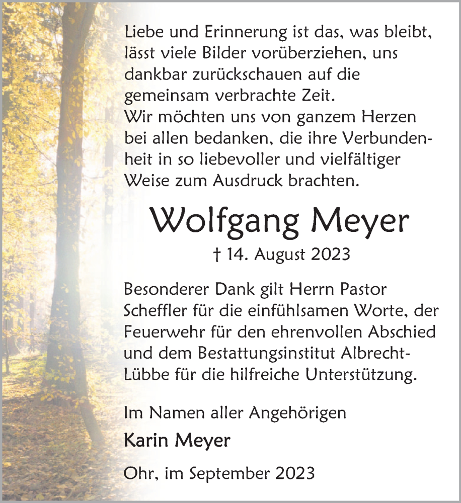  Traueranzeige für Wolfgang Meyer vom 23.09.2023 aus Deister- und Weserzeitung