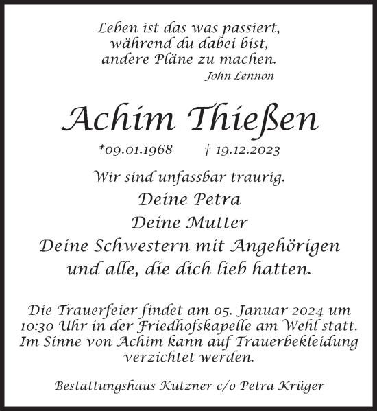 Traueranzeige von Achim Thießen von Deister- und Weserzeitung
