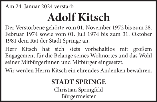 Traueranzeige von Adolf Kitsch