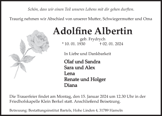 Traueranzeige von Adolfine Albertin von Deister- und Weserzeitung