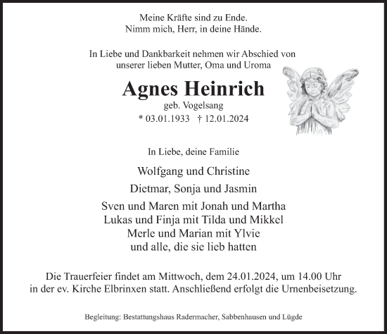 Traueranzeige von Agnes Heinrich von Deister- und Weserzeitung