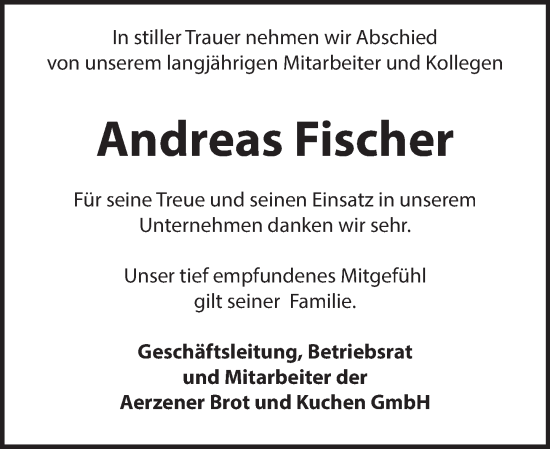 Traueranzeige von Andreas Fischer von Deister- und Weserzeitung