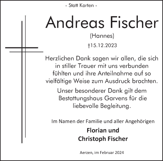 Traueranzeige von Andreas Fischer von Deister- und Weserzeitung