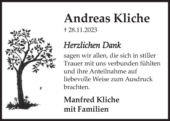 Traueranzeige von Andreas Kliche von Deister- und Weserzeitung