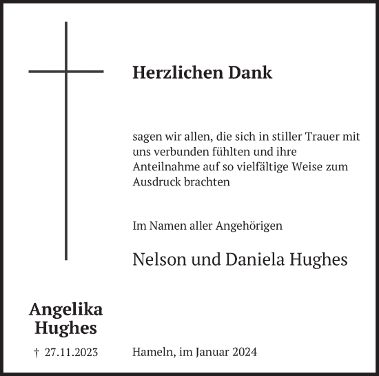 Traueranzeige von Angelika Hughes von Deister- und Weserzeitung