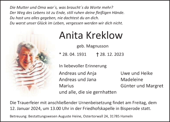 Traueranzeige von Anita Kreklow von Deister- und Weserzeitung
