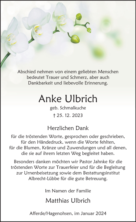 Traueranzeige von Anke Ulbrich von Deister- und Weserzeitung