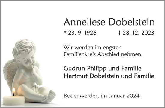 Traueranzeige von Anneliese Dobelstein von Deister- und Weserzeitung