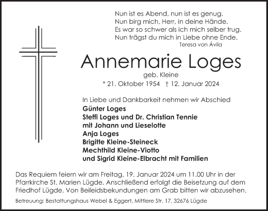 Traueranzeige von Annemarie Loges von Deister- und Weserzeitung