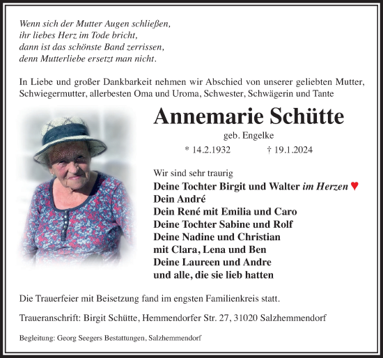 Traueranzeige von Annemarie Schütte von Deister- und Weserzeitung