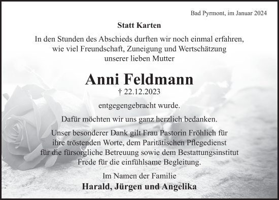 Traueranzeige von Anni Feldmann von Deister- und Weserzeitung