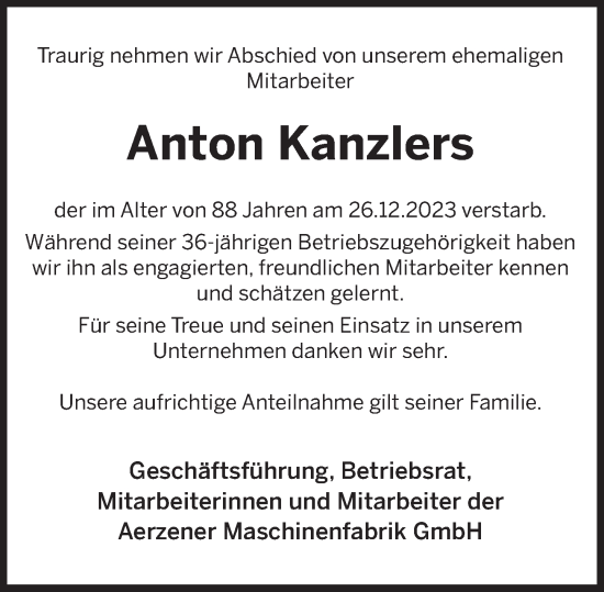 Traueranzeige von Anton Kanzlers von Deister- und Weserzeitung