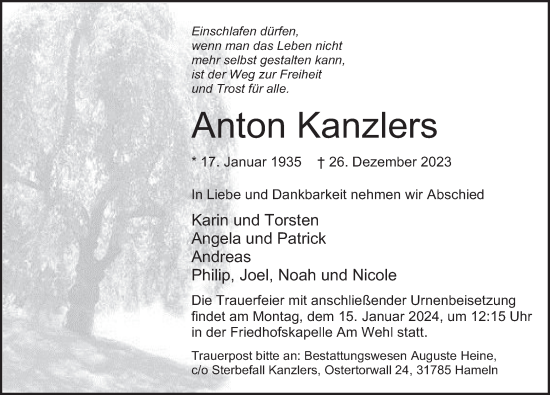 Traueranzeige von Anton Kanzlers von Deister- und Weserzeitung