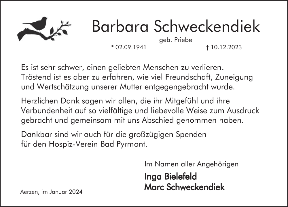  Traueranzeige für Barbara Schweckendiek vom 13.01.2024 aus Deister- und Weserzeitung
