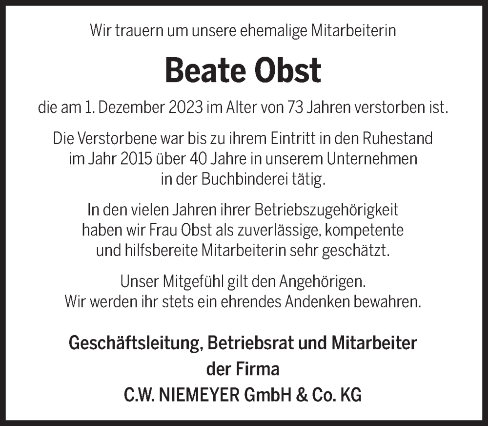  Traueranzeige für Beate Obst vom 13.01.2024 aus Deister- und Weserzeitung