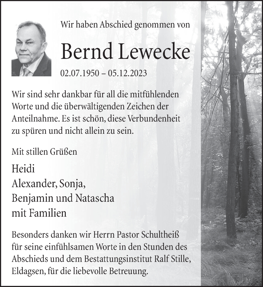  Traueranzeige für Bernd Lewecke vom 13.01.2024 aus Neue Deister-Zeitung