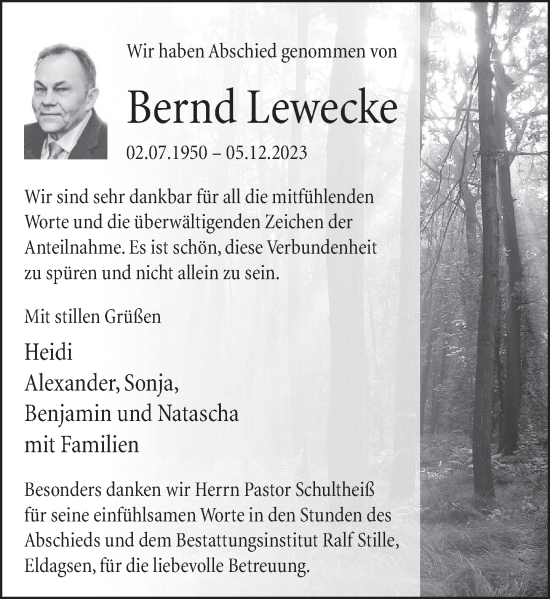 Traueranzeige von Bernd Lewecke von Neue Deister-Zeitung