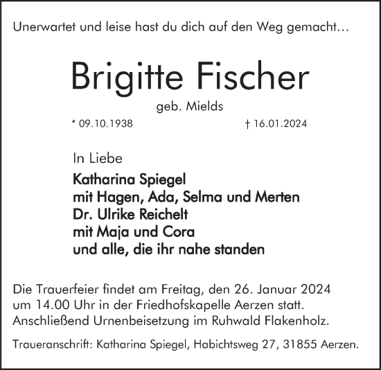 Traueranzeige von Brigitte Fischer von Deister- und Weserzeitung