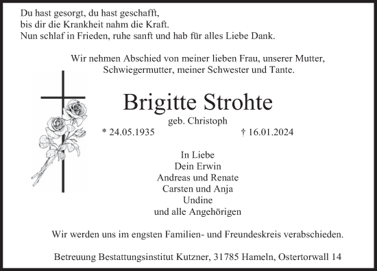 Traueranzeige von Brigitte Strohte von Deister- und Weserzeitung