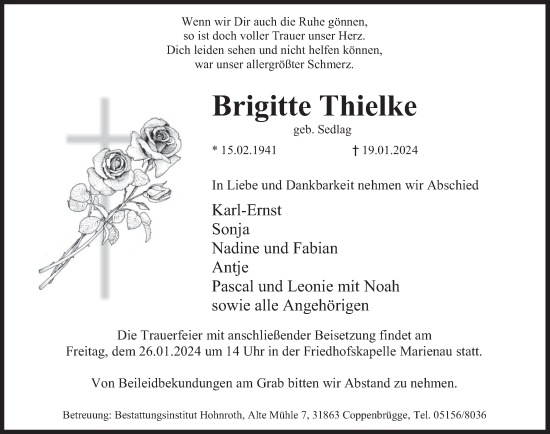 Traueranzeige von Brigitte Thielke von Deister- und Weserzeitung