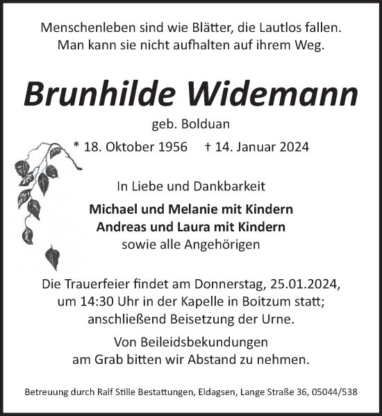 Traueranzeige von Brunhilde Widemann von Neue Deister-Zeitung