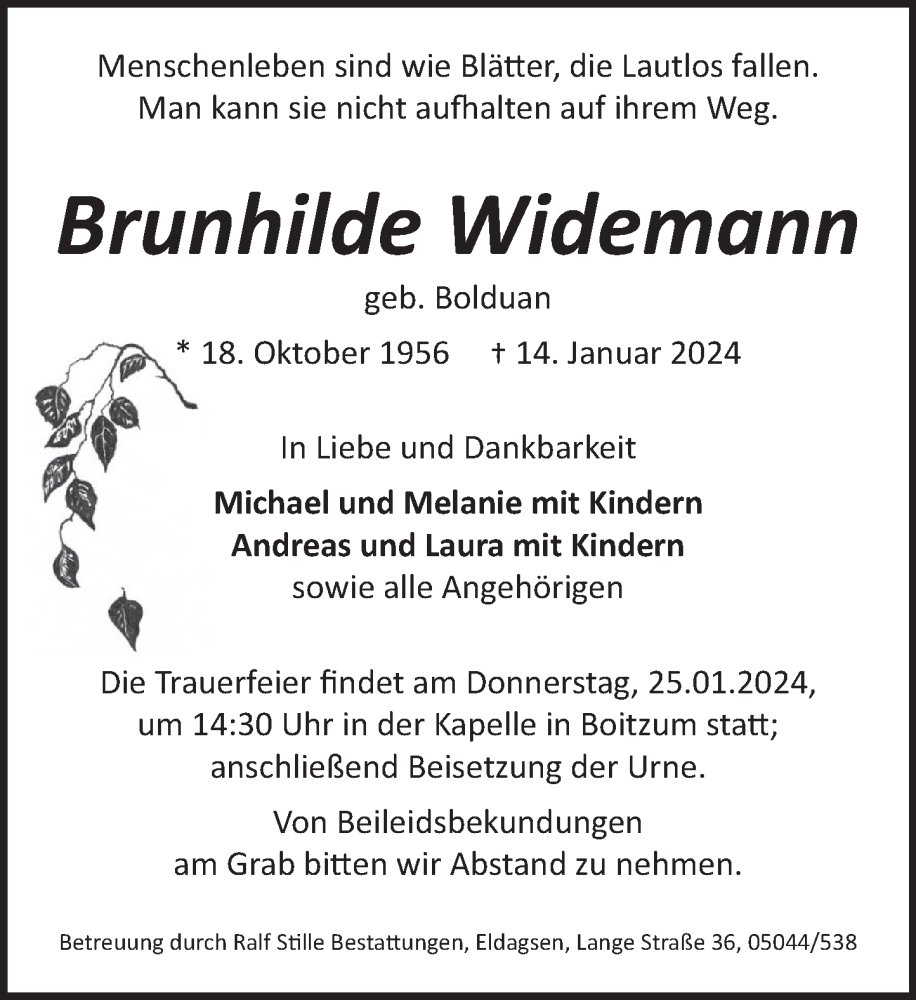  Traueranzeige für Brunhilde Widemann vom 20.01.2024 aus Neue Deister-Zeitung