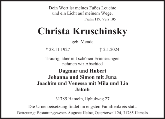 Traueranzeige von Christa Kruschinsky von Deister- und Weserzeitung