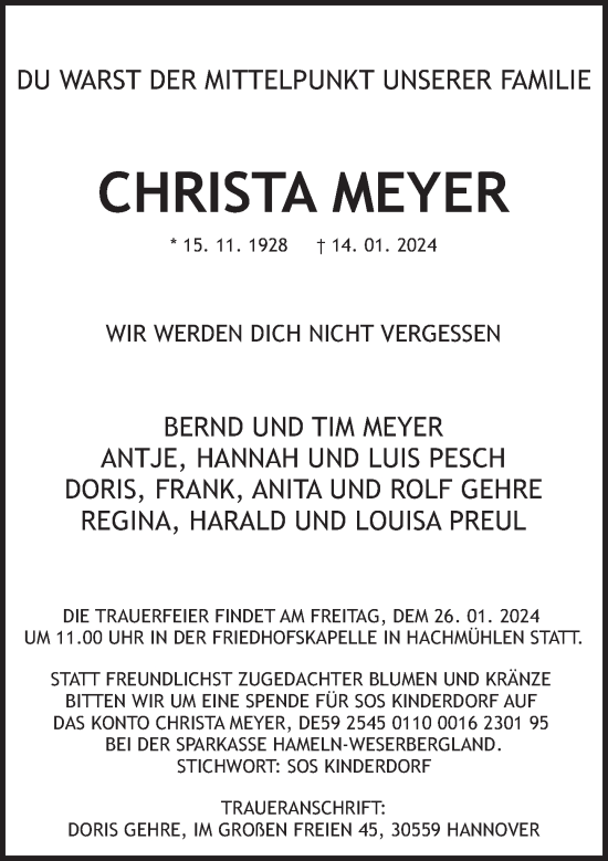 Traueranzeige von Christa Meyer von Neue Deister-Zeitung