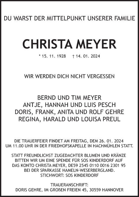 Traueranzeige von Christa Meyer von Deister- und Weserzeitung