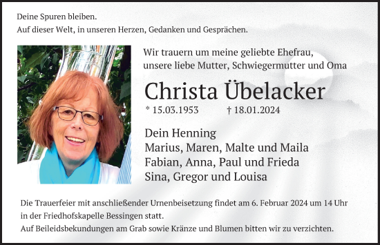 Traueranzeige von Christa Übelacker von Deister- und Weserzeitung