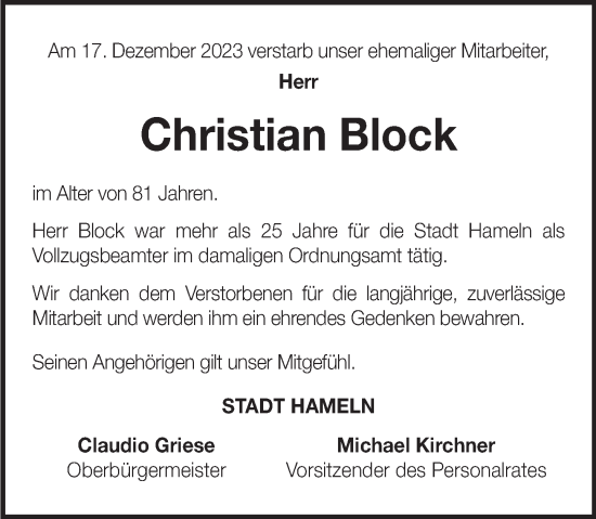 Traueranzeige von Christian Block von Deister- und Weserzeitung