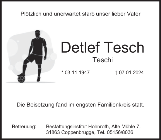 Traueranzeige von Detlef Tesch von Deister- und Weserzeitung
