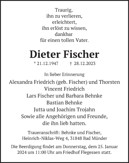 Traueranzeige von Dieter Fischer von Deister- und Weserzeitung