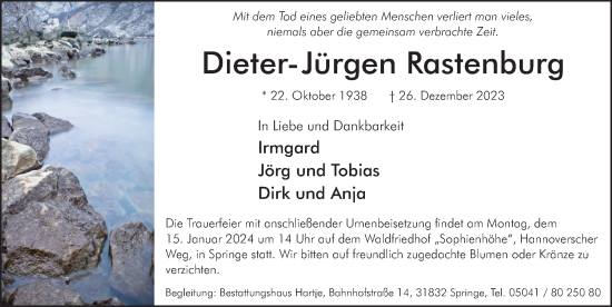 Traueranzeige von Dieter-Jürgen Rastenburg von Neue Deister-Zeitung