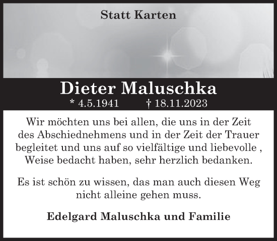 Traueranzeige von Dieter Maluschka von Deister- und Weserzeitung