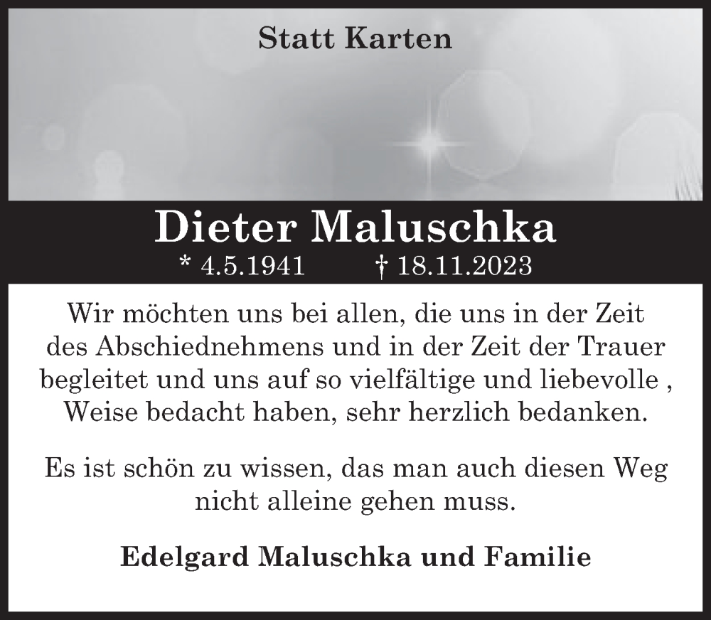 Traueranzeige für Dieter Maluschka vom 06.01.2024 aus Deister- und Weserzeitung