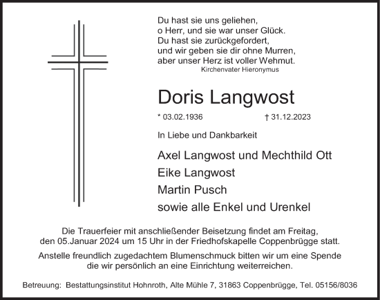 Traueranzeige von Doris Langwost von Deister- und Weserzeitung