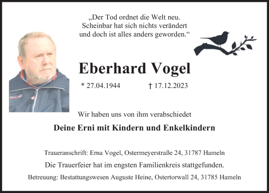 Traueranzeige von Eberhard Vogel von Deister- und Weserzeitung