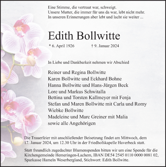 Traueranzeige von Edith Bollwitte von Deister- und Weserzeitung