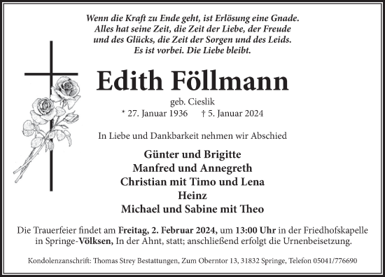 Traueranzeige von Edith Föllmann von Neue Deister-Zeitung