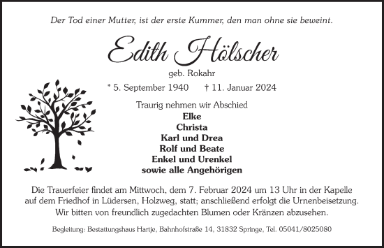 Traueranzeige von Edith Hölscher von Neue Deister-Zeitung