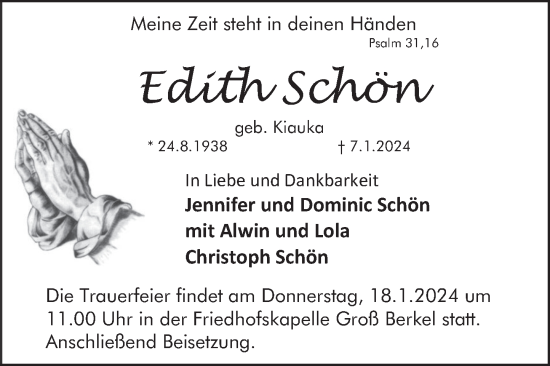 Traueranzeige von Edith Schön von Deister- und Weserzeitung