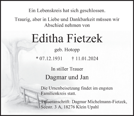 Traueranzeige von Editha Fietzek von Deister- und Weserzeitung